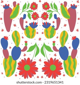 Otomi-Style Pattern With Cactus and Flowers