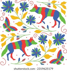 Otomi-Style Pattern With Coyote and Nature