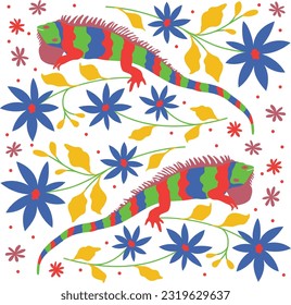  Otomi-Style Pattern With Iguana and Flowers