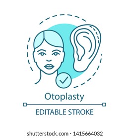 Otoplasty concept icon. Cosmetic ear surgery idea thin line illustration. Surgical reshaping. Ear size, shape and proportion change. Vector isolated outline drawing. Editable stroke
