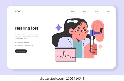 Otorhinolaryngologist check up. ENT doctor examine patient ear. Hearing loss, diseases and infections diagnosis. Flat vector illustration