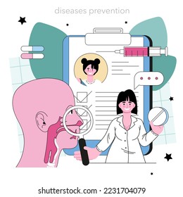 Otorhinolaryngologist concept. ENT doctor treating patient nose, mouth and ears. Respiratory diseases and infections diagnosis. Flat vector illustration