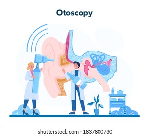 Otorhinolaryngologist concept. Healthcare concept, idea of ENT doctor caring about patient health. Otoscopy treatment. Vector illustration in cartoon style