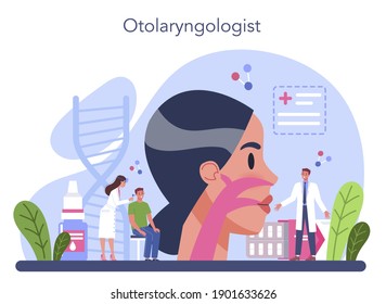 Otorhinolaryngologist concept. Idea of ENT doctor treating diseases of the ear, nose, throat, face, head and neck. Otoscopy procedure. Vector flat illustration