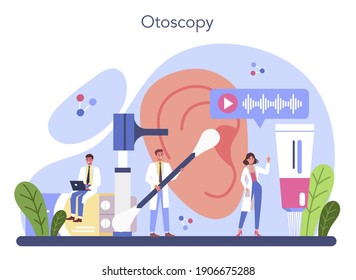 Konzept des Otorhinolaryngologen. Idee von einem Arzt, der die Behandlung von Ohr-, Nase-, Hals-, Gesicht-, Kopf- und Halskrankheiten unterstützt. Otoskopie-Verfahren. Vektorgrafik