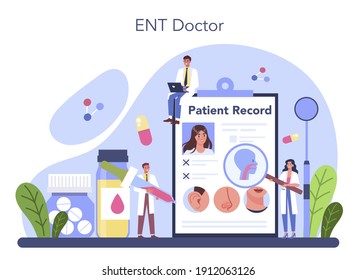 Otorhinolaryngologist concept. Idea of ENT doctor treating diseases of the ear, nose, throat, face, head and neck. Otoscopy procedure. Vector flat illustration
