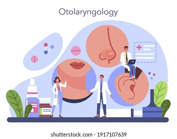 Otorhinolaryngologist Concept. Idea Of ENT Doctor Treating Diseases Of The Ear, Nose, Throat, Face, Head And Neck. Otoscopy Procedure. Vector Flat Illustration