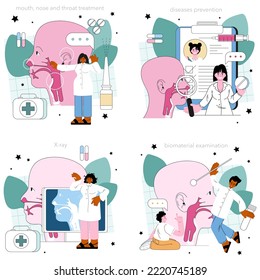 Otorhinolaryngologist concept set. ENT doctor treating patient nose, mouth and ears. Respiratory diseases and infections diagnosis. Flat vector illustration