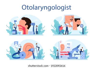 Otorhinolaryngologist concept set. Healthcare concept, idea of ENT doctor caring about patient health. Otoscopy, nasopharyngoscopy, audiometry. Vector illustration in cartoon style