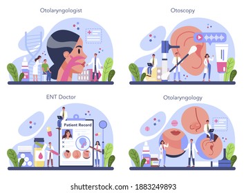 Konzept-Set des Otorhinolaryngologen. Idee von einem Arzt, der die Behandlung von Ohr-, Nase-, Hals-, Gesicht-, Kopf- und Halskrankheiten unterstützt. Otoskopie-Verfahren. Vektorgrafik