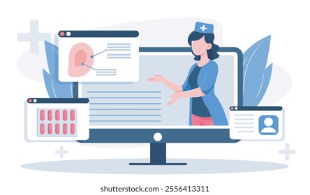 Otorhinolaryngologist doctor online. Woman in medical uniform near pills and ear structure. Healthcare and medicine. Hospital occupation. Flat vector illustration isolated on white background