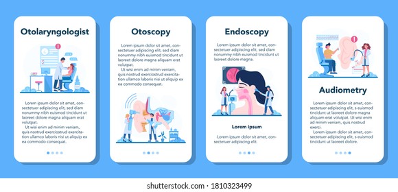 Otorhinolaryngologist mobile application banner set. Healthcare concept, idea of ENT doctor caring about patient health. Otoscopy, nasopharyngoscopy, audiometry. Vector illustration in cartoon style