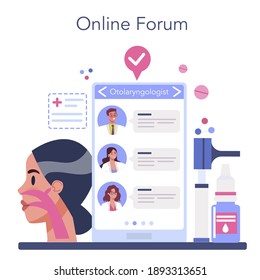 Otorhinolaryngologist online service or platform. Idea of ENT doctor treating diseases of the ear, nose, throat. Online forum. Vector flat illustration