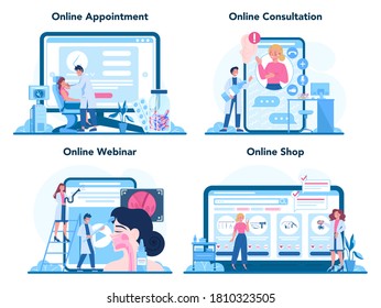 Otorhinolaryngologist online service or platform set. Healthcare concept, idea of ENT doctor caring about patient health. Online appointment, consultation, webinar, shop. Vector illustration