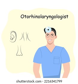 An otorhinolaryngologist (otolaryngologist) is a man with an otolaryngological frontal mirror on his head with a schematic image of the ear, throat, nose