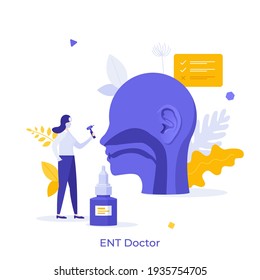 Otorhinolaryngologist, otolaryngologist or physician performing examination or check of head and neck. Concept of otorhinolaryngology, otolaryngology, ENT surgery. Modern flat vector illustration.