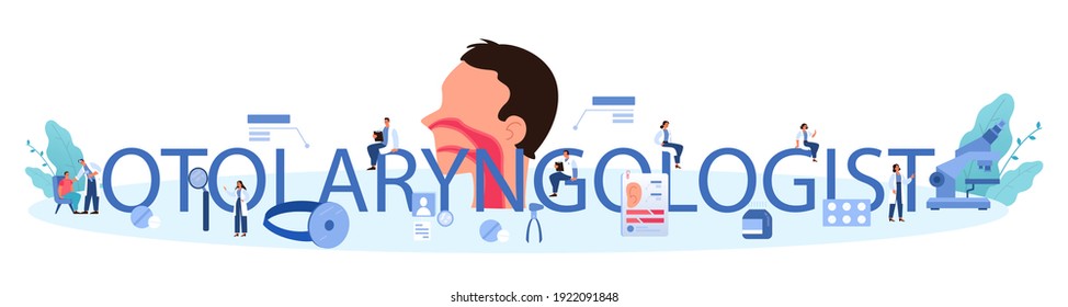 Otorhinolaryngologist typographic header. Healthcare concept, idea of ENT doctor caring about patient health. Otoscopy, nasopharyngoscopy, audiometry. Vector illustration in cartoon style