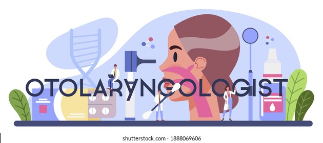 Otorhinolaryngologist typographic header. Idea of ENT doctor treating diseases of the ear, nose, throat, face, head and neck. Otoscopy procedure. Vector flat illustration