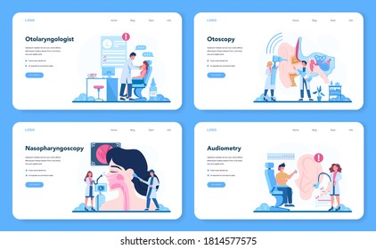 Otorhinolaryngologist web banner or landing page set. Healthcare concept, idea of ENT doctor caring about patient health. Otoscopy, nasopharyngoscopy, audiometry. Vector illustration in cartoon style