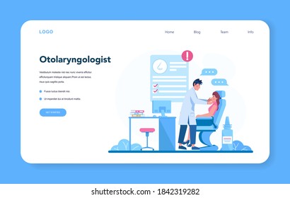 Otorhinolaryngologist web banner or landing page. Healthcare concept, idea of ENT doctor caring about patient health. Otoscopy, nasopharyngoscopy, audiometry. Vector illustration in cartoon style
