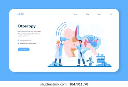 Otorhinolaryngologist web banner or landing page. Healthcare concept, idea of ENT doctor caring about patient health. Otoscopy treatment. Vector illustration in cartoon style