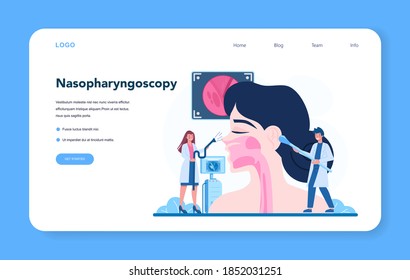 Otorhinolaryngologist web banner or landing page. Healthcare concept, idea of ENT doctor caring about patient health. Nasopharyngoscopy treatment. Vector illustration in cartoon style