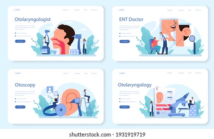 Otorhinolaryngologist web banner or landing page set. Healthcare concept, idea of ENT doctor caring about patient health. Otoscopy, nasopharyngoscopy, audiometry. Vector illustration in cartoon style