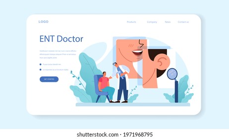 Otorhinolaryngologist web banner or landing page. Healthcare concept, idea of ENT doctor caring about patient health. Otoscopy, nasopharyngoscopy, audiometry. Vector illustration in cartoon style