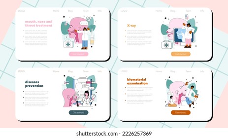 Otorhinolaryngologist web banner or landing page set. ENT doctor treating patient nose, mouth and ears. Respiratory diseases and infections diagnosis. Flat vector illustration