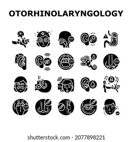 Otorhinolaryngology Treatment Icons Set Vector. Cholesteatoma And Hoarseness Health Problem, Rhinoplasty Surgery And Menieres Symptom Otorhinolaryngology Treat Glyph Pictograms Black Illustrations