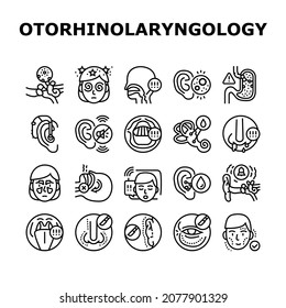 Tratamiento Otorhinolaringológico Iconos Set Vector. El Colesteatoma Y La Hoarsenidad Problemas De Salud, La Cirugía De Rhinoplastia Y La Otorrinolaringología Del Síntoma Menieres Tratan Ilustraciones Del Contorno Negro