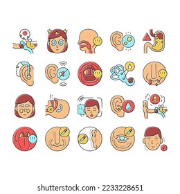 Otorhinolaryngology Treatment Icons Set Vector. Cholesteatoma And Hoarseness Health Problem, Rhinoplasty Surgery And Menieres Symptom Otorhinolaryngology Treat Line. Color Illustrations