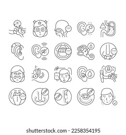 Otorhinolaryngology Treatment Icons Set Vector. Cholesteatoma And Hoarseness Health Problem, Rhinoplasty Surgery And Menieres Symptom Otorhinolaryngology Treat Black Contour Illustrations