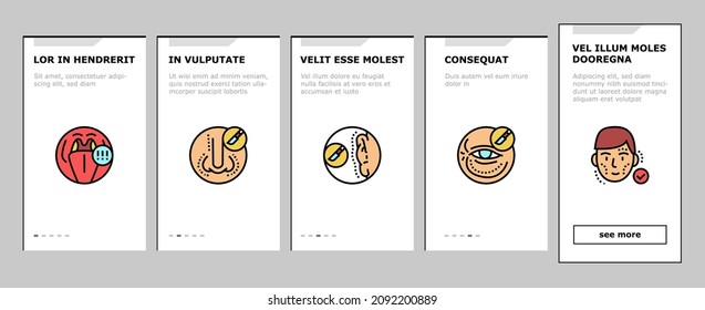 Otorhinolaryngology Treatment Onboarding Mobile App Page Screen Vector. Cholesteatoma And Hoarseness Health Problem, Rhinoplasty Surgery And Menieres Symptom Otorhinolaryngology Treat. Illustrations