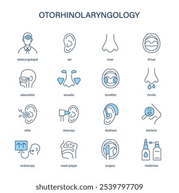 Conjunto de ícones vetoriais da otorrinolaringologia. Ícones médicos.