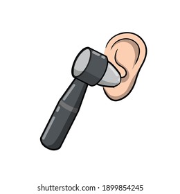 Otoscope. Disease of the ear. Tool for examining the auricle. Doctor visit. Medical care. Hearing problem. Educational scheme. Cartoon illustration