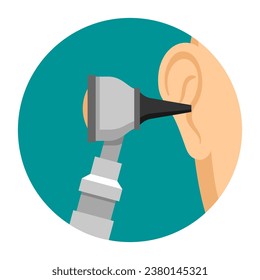 Otoscope icon - medical device which is used to look into the ears. Color vector illustration of diagnostic tool and patient ear