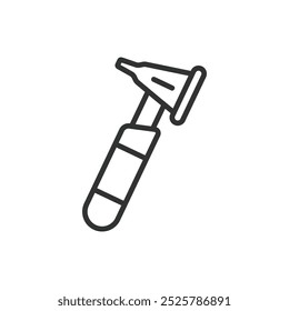 Otoscope, in line design. Otoscope, ear examination, medical tool, ear inspection, diagnostic device, ear health, hearing test on white background vector. Otoscope editable stroke icon.