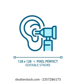 Otoscope pixel perfect light blue icon. Medical instrument. Ear health. Physical examination. RGB color sign. Simple design. Web symbol. Contour line. Flat illustration. Isolated object