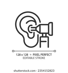 Otoscope pixel perfect linear icon. Medical instrument. Ear health. Physical examination. Nurse consultation. Thin line illustration. Contour symbol. Vector outline drawing. Editable stroke