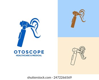 Concepto de ícono de logotipo de Vector Otoscope Set. Símbolo de Vector plano del otoscopio, ilustración de herramientas del otoscopio