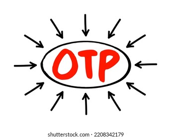 OTP - One Time Password is a password that is valid for only one login session or transaction, on a computer system or other digital device, acronym concept with arrows