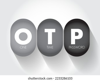 OTP - One Time Password is a password that is valid for only one login session or transaction, on a computer system or other digital device, acronym concept background