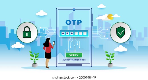 OTP, one-time password for secure transaction on digital payment transaction 
Concept With icons. Cartoon Vector People Illustration