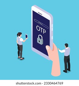 OTP Contraseña única para transacción segura en pago digital o transacción bancaria en línea isométrica 3d concepto de ilustración vectorial para banner, sitio web, ilustración, página de inicio, volante, etc
