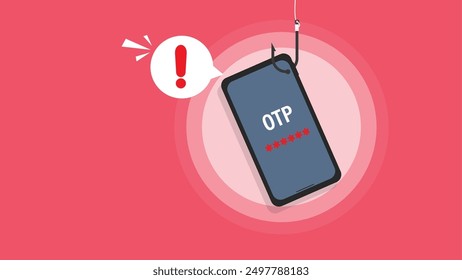 OTP phishing hacking online. Computer data fishing hack crime. Scam concept