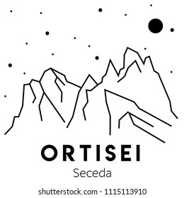 Otrisei. Seceda. Vector black ans white outline illustration of mountains in Italy. Dolomitess. Alps. Trekking and hiking. Adventure