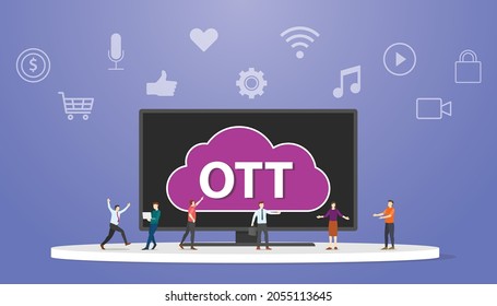 Ott Over The Top Platform Service Concept With People Around Smart Tv Modern Flat Style