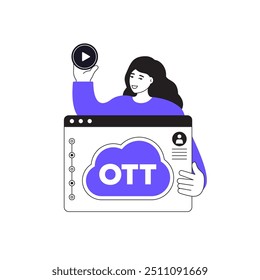 ILUSTRACIÓN VECTORIAL de la plataforma OTT con una niña, servicio de medios de comunicación de alto nivel