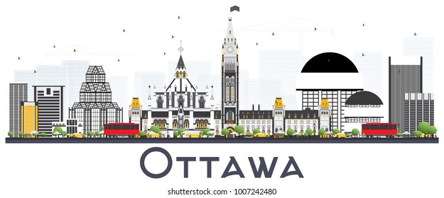 Ottawa Canada City Skyline with Gray Buildings Isolated on White Background. Vector Illustration. Business Travel and Tourism Concept with Modern Buildings. Ottawa Cityscape with Landmarks.